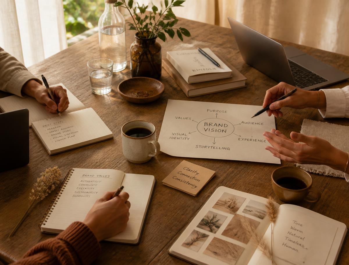 Hands working on brand strategy notes and mood boards around a sunlit wooden table
