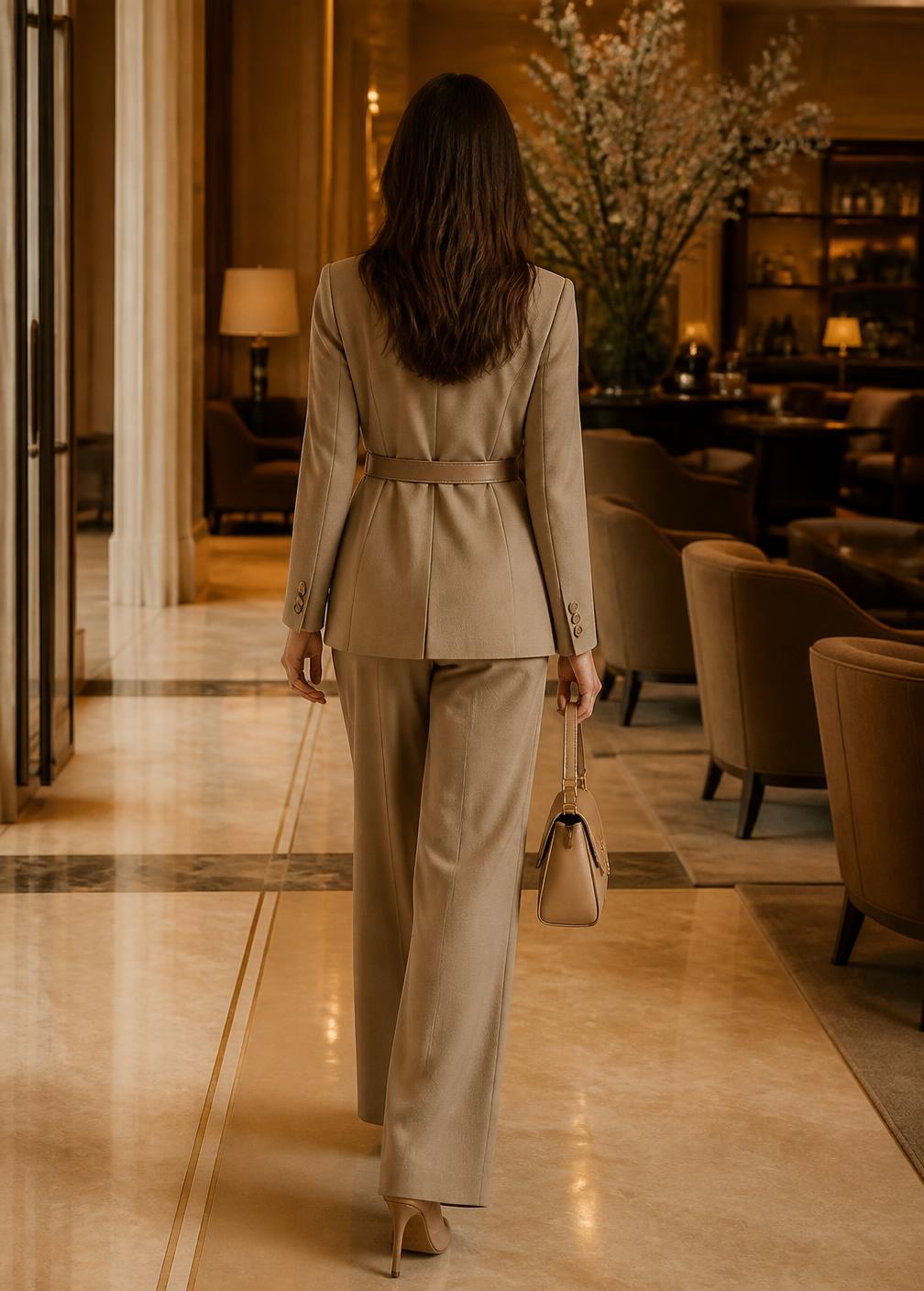 Woman in a tailored beige suit walking through a warm hotel lobby